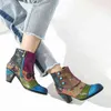 Vintage Splicing Printed Ankle Boots For Women Shoes Female PU Leather Retro Block High Heels Bohemian Ladies Winter Short 220106