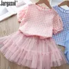 2020 Kids Girls Clothes Set Long Sleeve Fashion Clothing Set for Children Summer Wear Blus Skjorta och spetsskjol Drop Shipping G220310