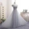 Rękaw A-Line Cap Sleeve Tulle Koronki Suknie Wieczorowe Długie Formalne Eleganckie Suknie Prom Sukienka Wino Czerwony Zielony Niebieski Szary Różowy Wiele Kolor LJ201123