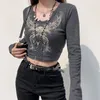 Top corto con strass y2k T-shirt Kawaii stampata Grunge Fairycore Button T-shirt nera manica lunga donna coreana Harajuku anni '90