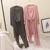 Modal Pajamas Suits Women Home Wear Fashion Goddess Cardigan+tank Top+pants Three-Pieces Set Outfit Lazy Wind 201217