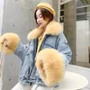 新しい冬のベルベットの厚いデニムジャケットの女性大きな毛皮の襟韓国の機関車の子コート女子学生のショートコートxxxl 4xl 201109