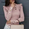 Jesień Moda Solid Kobiety Bluzki Koszule Casual Office Lady Turtleneck Pullover Topy 2020 Elegancki Slim Long Rękaw Przycisk Blusas1