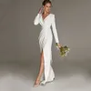 Enkel sjöjungfru vit slits bröllopsklänning för kvinna med långa ärmar civil brudparty klänning smal v hals elegant mantel de mariage 20271n