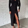 WannaThis – robe de soirée à manches longues pour femmes, tricotée à boutons, longueur cheville, col en v, slim, Sexy, coton, ourlet fendu, W220308, automne