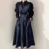 Fashion-New Hot Long-Sleeved Shirt Klänning Enkel Standup Krage Midja Enstaka Breasted Trench Coat Dress