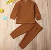 Costela malha vestuário sólido bebê menino tops calças 2 pcs conjuntos de manga longa garota infantil lououngewear crianças roupas casas 4 cores dw6370