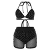 Sexiga kvinnor rhinestone bikinis set baddräkt spets push up halter bh + mesh elastiska shorts 2pcs kvinnliga badkläder strand kläder
