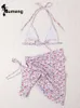 Damen Bademode RUMENG 2022 Rosa Blumendruck Bikini Sexy ausgehöhlter Badeanzug 3-teiliges Set