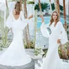 Ano Novo Elegante Simples Crepe Sereia Vestidos de Noiva com Luvas de Flare Pescoço V Voltar Jardim Informal Modest Country Estilo Country Vestidos Bridal 2022