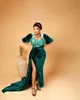 ASO EBI 2022 Arabisch Plus Size Dark Green Mermaid Prom Dresses Lace Sheer Neck Avond Formele Partij Tweede Ontvangst Verjaardag Verloversjurken Jurk ZJ225