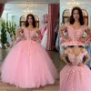 Elegante rosa 3d flores florais quinceanera vestidos de baile 2022 vestido de baile fora das mangas ombro vestidos formais de noite doce 16 vestidos de vestido cg001