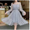 Wiosenna jesień Nowe kobiece gwiazdy O-Neck cekinowe Mesh Shiny Fairy Dress Women Elegancka Bling Gaza Princess Puff sukienki LJ200810