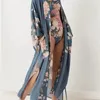 Bohemian V neck Peacock Flower Print Long Kimono Shirt Ethnic New Lacing up Sashes Long Cardigan Loose Blouse Tops femme T200322