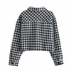 Traf Women Fashion Single Bered Short Black Plaid Jacket Pocket Accessories Retro Long Rleeve Bluzka Streetwear 220217