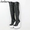 Sorbern Black Mid Thigh High Boots Women 20cm Heels White Wedges Long Boot Unisex Customized Leg Width