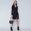 Женщины Vintage Leather Лоскутные Пояса-линии платье с длинным рукавом Sexy V шеи Твердая Элегантный вскользь 2019 Зимняя мода платье