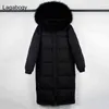 Lagabogy Grande Vera Pelliccia di Procione Inverno Donna 90% Piumino d'anatra bianca Donna Spessa con cappuccio Lungo Parka Cappotto da neve oversize 211221