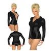 Stretch Shiny Metallic Women Long Sleeve Bodysuit Wet Look Front Zipper Skinny Jumpsuit Nightclub Party Pole Dance Short Catsuit1