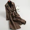 Autunno Inverno Nuove donne di arrivo Cappotto di lana caldo Moda plaid con cintura Miscele Outwear Cappotto lungo da ufficio femminile coreano sottile 201027