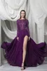 Luxueux violet a ligne robes de soirée manches longues illusion côté paillettes partage des robes de bal partout