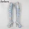 Sorbern Silver Holo Mid Thigh High Boots Women 15Cm High Heel Exotic Pole Dance Boots Stripper Heel Custom Leg Width And Length