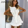 Jamerry Boho 자수 화이트 레이스 여성 미니 드레스 Sashes Ruffled Holiday 여름 드레스 캐주얼 섹시한 해변 복장 Vesti T200320