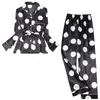 Conjunto de pijamas de seda Mujeres Sexy Print Dot Verano Mujer Pijamas Camisa larga / Conjunto Stitch Lencería Ropa de dormir para el hogar LJ200921