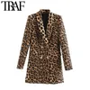 TRAF Women Vintage Fashion Double Breasted Leopard Blazer Coat Long Sleeve Animal Pattern Female Outerwear Chic Tops 201023