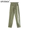 KPytomoa mulheres chique bolsos de moda paperbag calça folga vintage alto cintura elástica botons calças femininas pantalones 201106