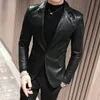 Fashion-New Faux Leather Mens Blazer Luxury Double Breasted Pu Male Blazer Fashion Embroidery Single Breasted Slim Fit Man
