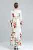 Women's Runway Dresses Sexy Low V Neck Long Sleeves Split Front Floral Printed High Street Fashion Long Designer Dresses