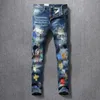 Amerikanische Streetwear Mode Männer Jeans Elastische Slim Fit Zerrissene Denim Bleistift Hosen Homme Patches Designer Stretch Hip Hop Hosen 201117