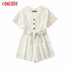 Tangada women vintage cotton linen playsuits bow tie short sleeve rompers ladies casual chic jumpsuits QW2 T200704