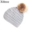 Xthree Acrylic Foder Stickad Beanie med Faux Fur Pom Hattar Kvinnor Hatt för Tjej Vinterlock Y201024
