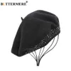 BUTTERMERE Boina de lana Cap Mujeres Negro Remache Artístico Sombreros Señoras Gorros franceses Elegante Mujer Otoño Invierno Pintores Gorras Y200102 s