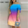 Women Casual A Line Stripped Off shoulder Lace up Short Sleeves Mini Sweat Dress 220210