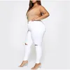 Plus Größe Hohe Taille Zerrissene Knie Weiße Jeans Frauen Grundlegende Casual Stretch Dünne Hosen L-5XL Denim Hosen Mom Jean Femme 210203