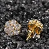 Hiphop 18K Gold Plated Jewelry Earrings Screw Backs Square Cubic Zirconia Flower Earrings for Man Woman Nice Gift224C