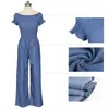 Europe and the fold a word shoulder denim jumpsuits with short sleeves Sexy wide legged jumpsuits0224 T200107