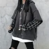 Deeptown Striped Sweatshirt for Women Black Gothic Style Hoodie Patchwork Grunge Long Sleeve Plaid Pullovers Korean Fashion 220215