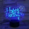 Novità Articoli 3D LED Happy Birthday Night Light 7 colori modificabili Porta USB Luci acriliche Lampada da tavolo da scrivania Regalo creativo Decorazione camera da letto Illuminazione ZL0268