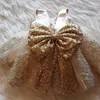 Golden Cekiny Baby Chrotening Suknie Tulle Princess Dress Event Party Nosić 1 rok Baby Girl Urodziny Dresses Infant Baptism Suknia LJ201221