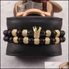 Charm Bracelets Jewelry Luxury Mens Royal Hand 2Pcs/Set Elastic 8Mm Natural Matte Black Stone 18K Gold Micro Cz Beads Crown Bracelet Set Dro