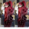Partie 360 Frontal Long Body Wave Black Ombre Bourgogne Brésilien Red Brésilien Wig Synthetic Lace Front Perruque pour les femmes2397310
