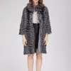 Lady Striped Silver Fox Fur Coat Lång med ullfodral Vår Höst Gratis Frakt Lyxig Elegant Plus Storlek Kläder Grön Krage 201212