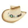 Bruine spray verf effen papier stro cowboy hoeden met etnische hatband decor mannen vrouwen brede rand strand sunhat zonnescherm hoed