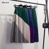 Marwin Spring New-Coming Europen Color Matching Plaid Pleated Kjol High Street Style Mid-Calf Empire Striped Women Kirts 201110