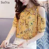 Moda feminina de softu elegante off ombro blusas chiffon cópia blusas camisa floral para mulheres ete plus size tops femininos H1230