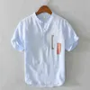 New white shirt men short sleeve 100% linen shirts tops fashion Stitching summer Breathable solid shirt man chemise homme 567 G0105